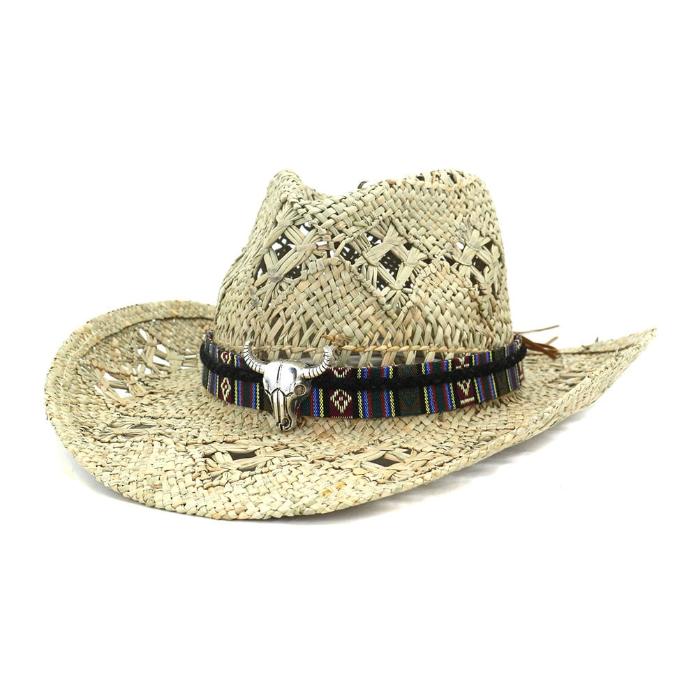 Cowboy hat fashion hollow handmade cowboy straw hat men's summer outdoor travel beach hat unisex solid color western cowboy hat 9 M55-58cm