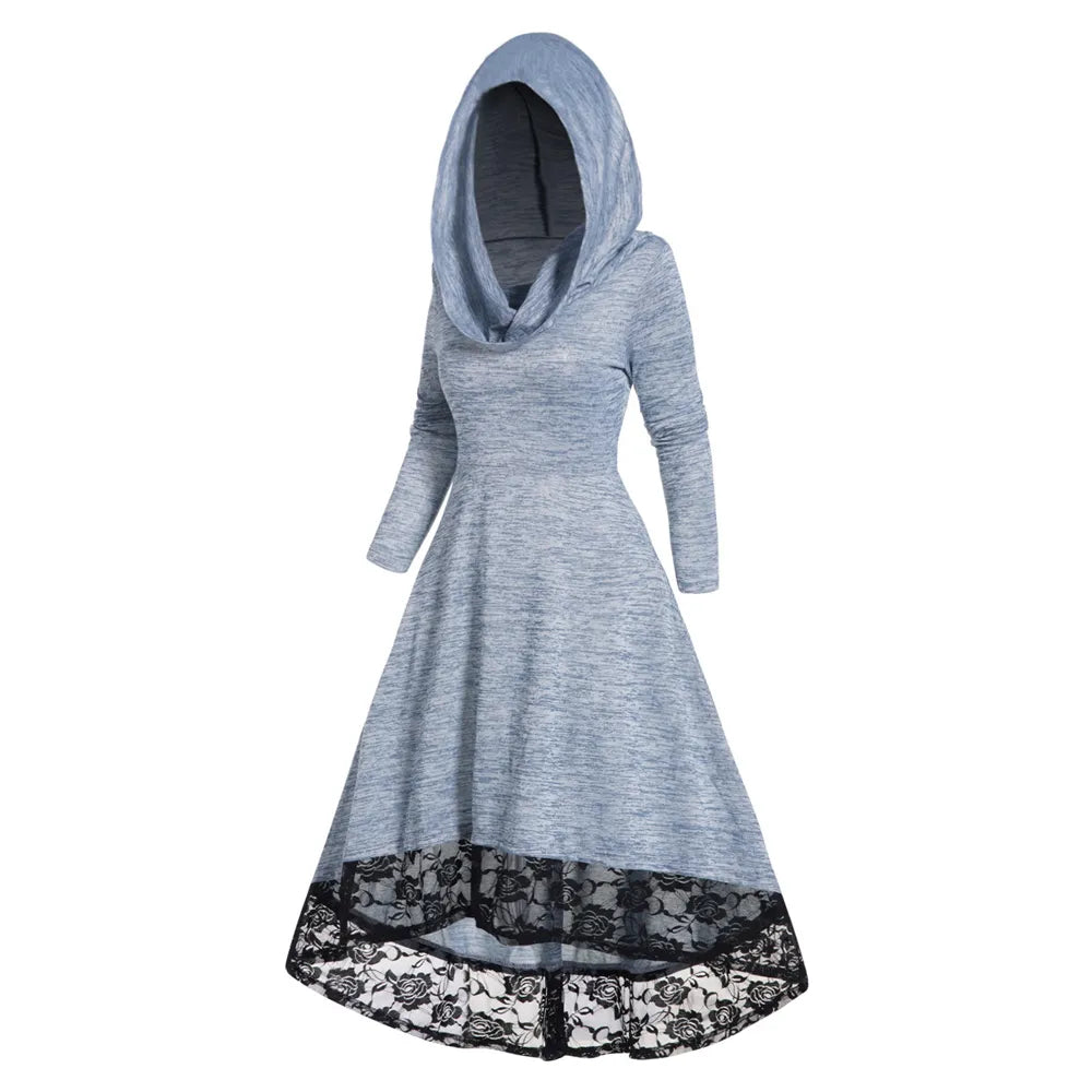 Autumn Space Dye Hooded Dress Flower Lace Panel High Waisted Long Sleeve High Low One Piece Midi Long Dresses For Women Light Blue
