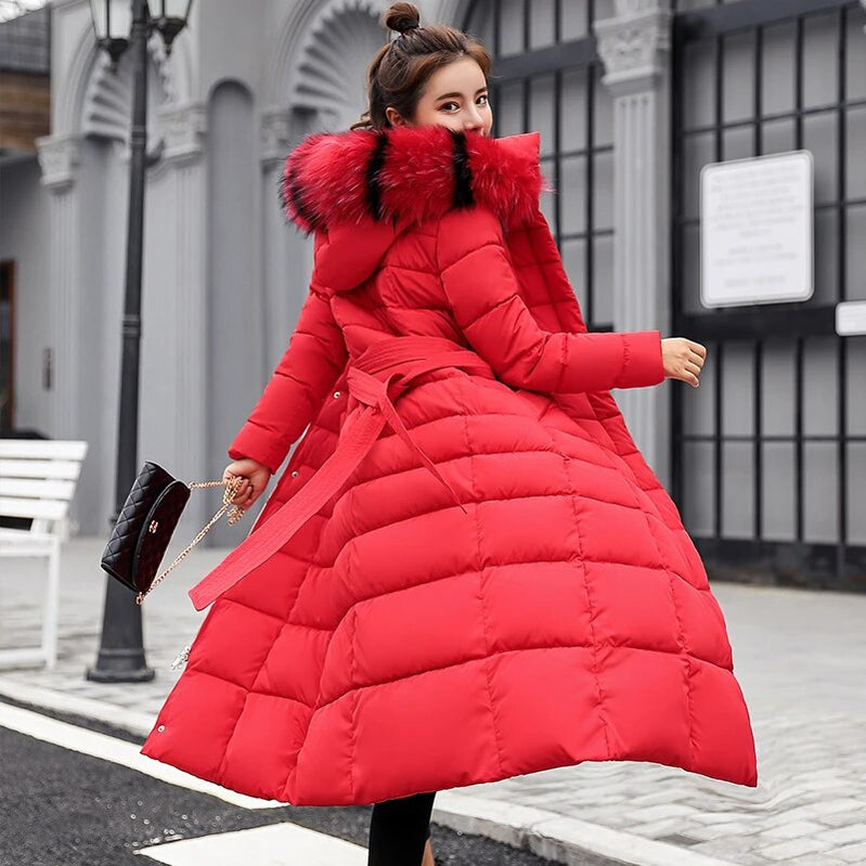 Winter jacket women's warm fashion bow belt fox fur collar coat long dress women's thick coat Red