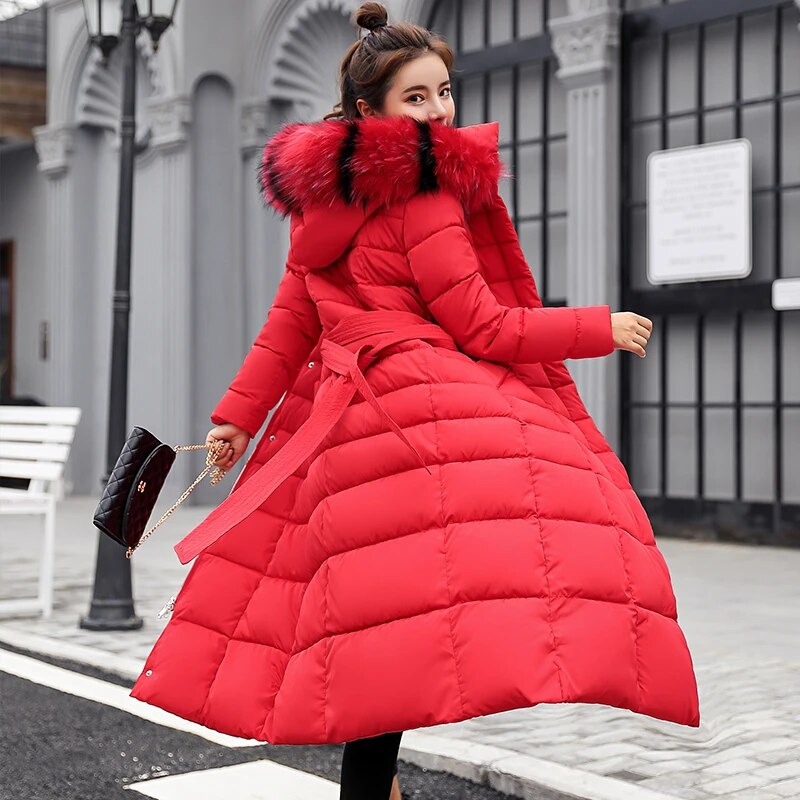 Winter jacket women's warm fashion bow belt fox fur collar coat long dress women's thick coat Red