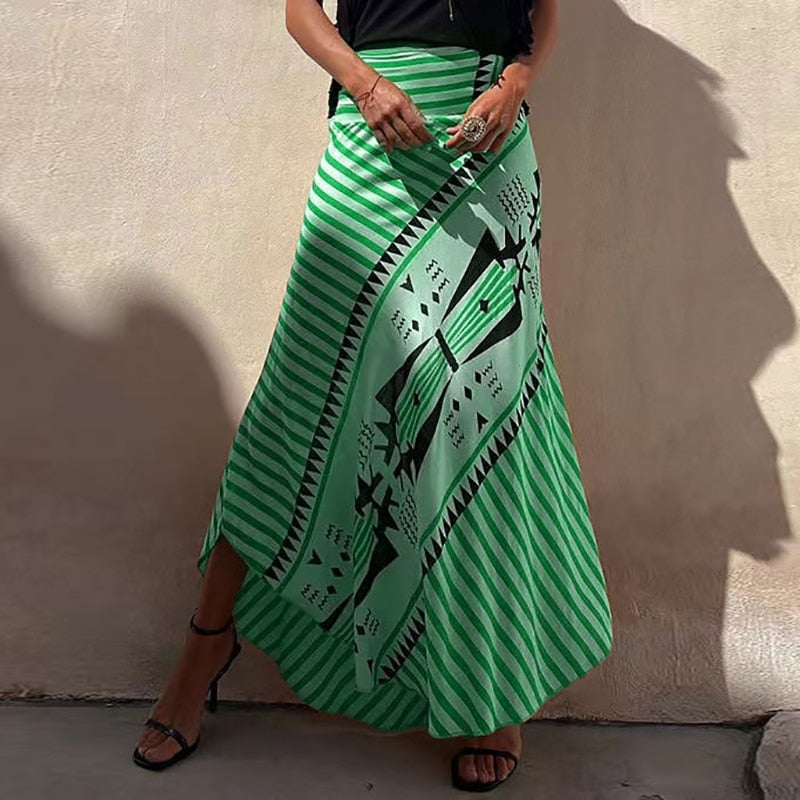 Boho Retro Patchwork Print Skirt Women Summer High Waist A-Line Elastic Long Skirts Casual Holiday Beach Skirt 02 Green Print
