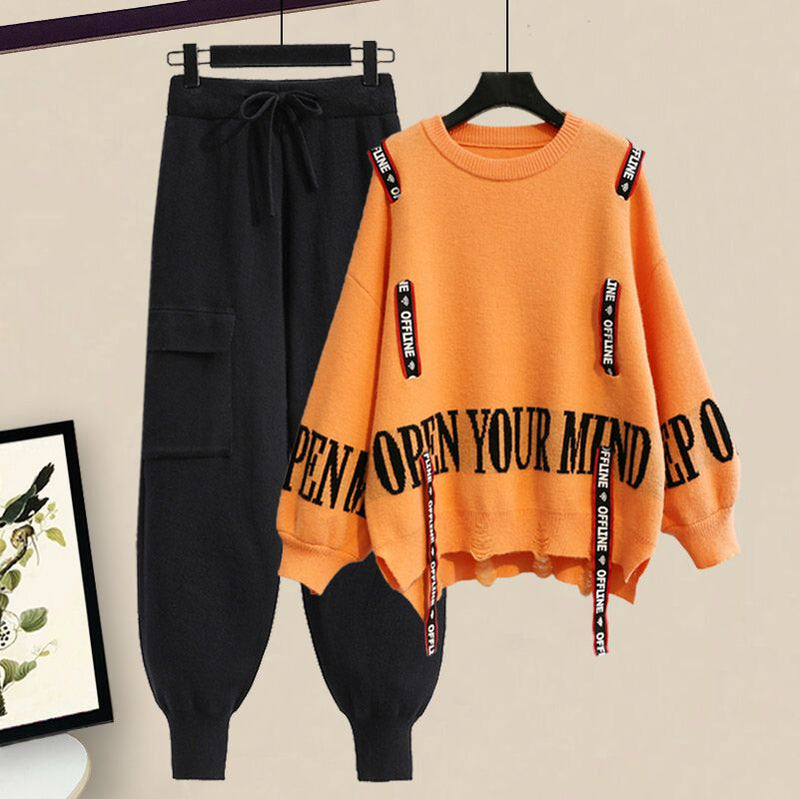 Winter New Ribbon Knitting Sweater Pullover Casual Overalls Two-piece Elegant Women's Pants Set Tracksuit Fall Outfits Women 2pcs set 04