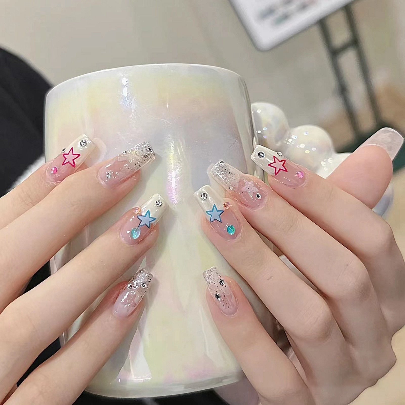 24pcs/box Fake French y2k Nails Press On Long Stiletto Almond Shape Wearable False Nails With Stars Designs Full Cover Nail Tips style24