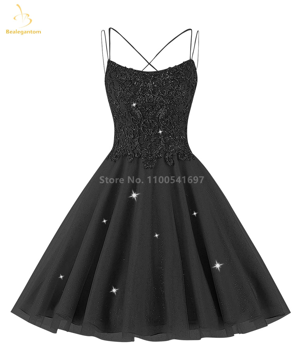 Bealegantom Lace Beaded Spaghetti Homecoming Dresses Sparkly Tulle Pageant Short Prom Party Cocktail Gown Vestidos De Graudation