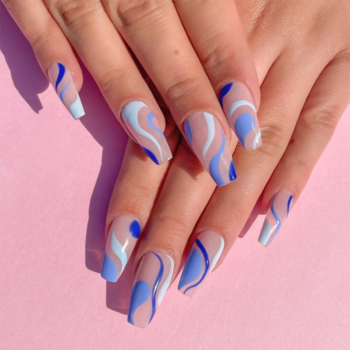 24Pcs/Set Fake Nails With Glue Full Cover Nail Tips Press On Med Nails DIY Manicure Oval He