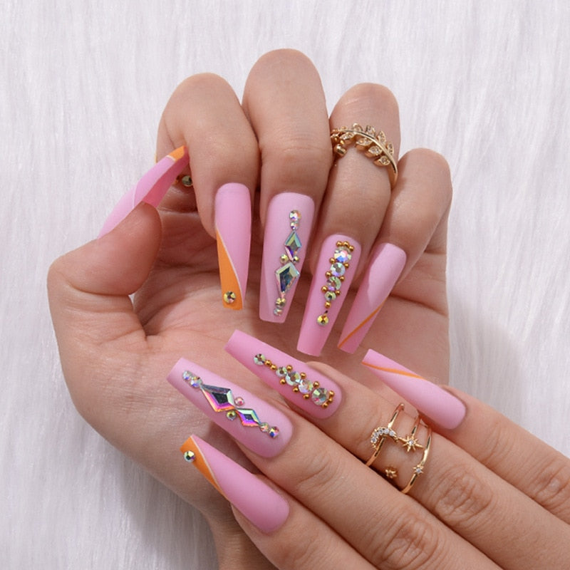 3D ballet fake nails accessories Light Luxury Diamond pink long tips french coffin manicure faux ongles press on false nail set