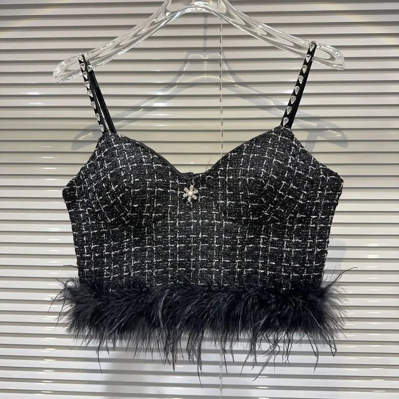 PREPOMP Autumn New Arrival Feathers Camisole Floral Pin Plaid Jacket Slim Shorts Three Piece Set Outfits Women GL610 Black Sling