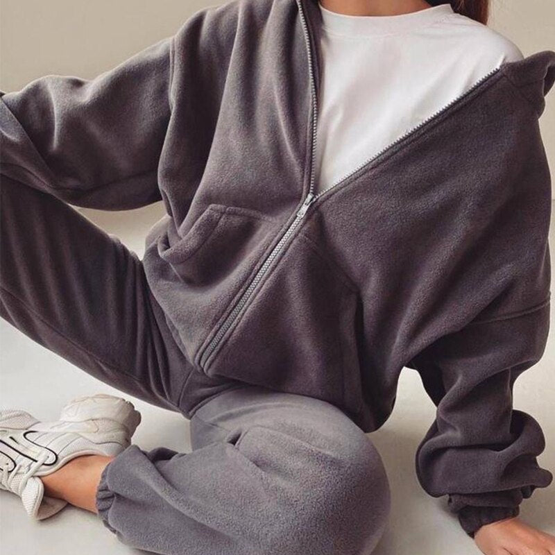 Autumn Winter Women's Brand Velvet Fabric Tracksuits Hoody Track Suit Hoodies And Pants Oversized Sportswear Two Pieces Set