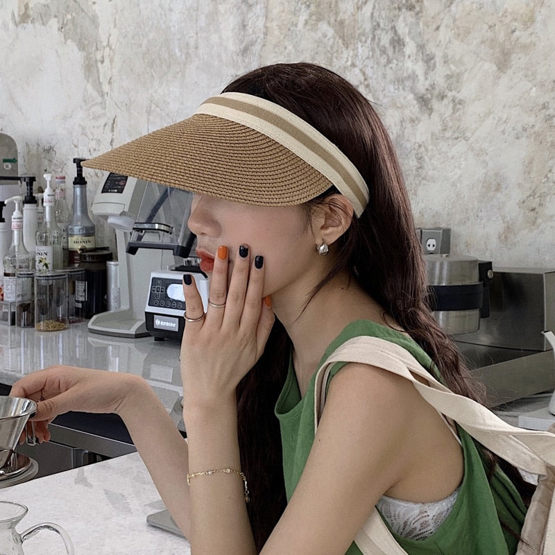 Summer Empty Top Sun Hat - Female Outdoor Visor Cap Casual Shade Hat Straw Wide Large Brim Beach Sunhat Lady