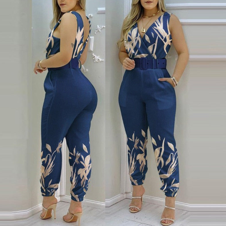 Woman Jumpsuits Elegant Jumpsuits Sexy V-neck Sleeveless Printed Jumpsuit New Fashion with Belt Vest Playsuit Streetwear B