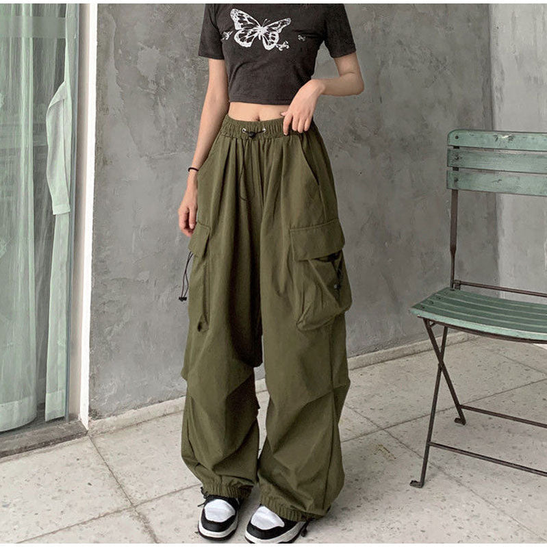 Summer Vintage Casual Cargo Pants Women Streetwear Pleated Drawstring Loose Wide Leg Straight Trousers Fashion Ladies Sweatpants Green