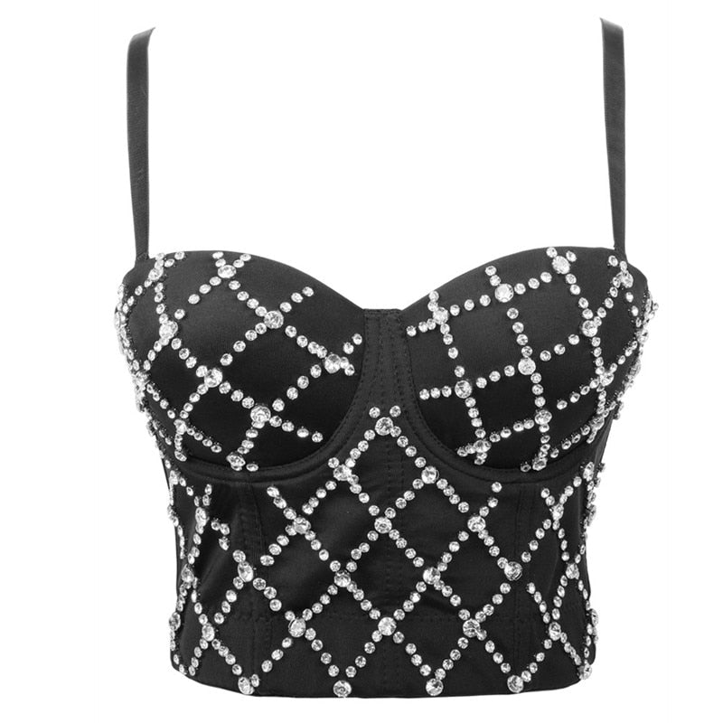 Women Tank Tops Luxury Sequined Rhinestone Pearl Wedding Push Up Bra Woman Clothes Camis Stage Ladies Crop Top Corset y2k Blusas 17-black