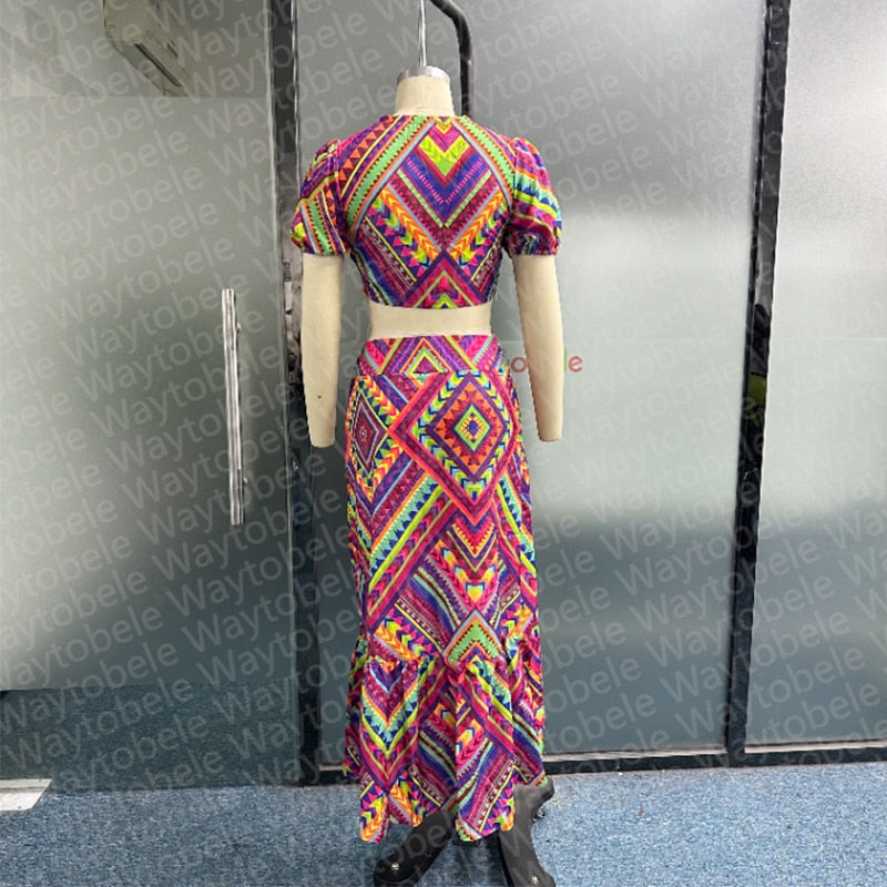 Women Maxi Dress Summer Fashion V Neck Short Puff Sleeve Hollow Out Printed Beach Party Dresses High Streetwear