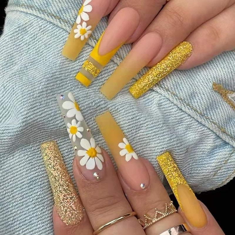 24Pcs/Box Yellow Daisy Long Ballerina Wearable Fake Nails Press on Full Cover Detachable Finished Fingernails