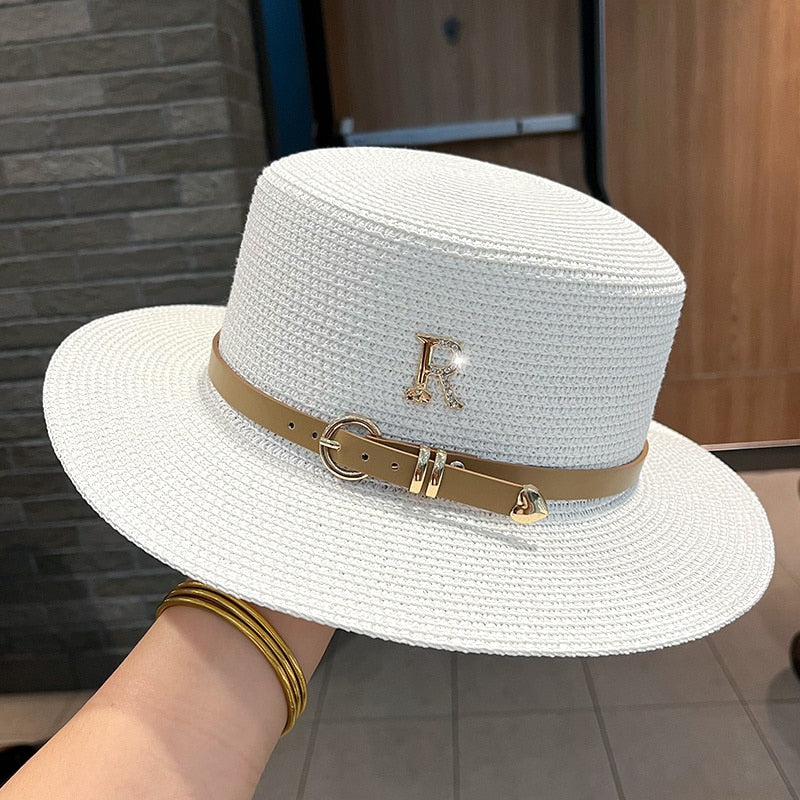 2023 New Metal R Letter Buckle Straw Hat Leisure Summer Sunscreen Hat Women's Fashionable Beach Hat Vintage Hat Church Hats