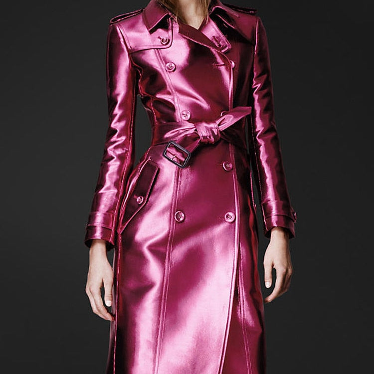 Spring Autumn Long Shiny Reflective Patent Leather Trench Coat for Women Belt Double Breasted Cool European Fashion