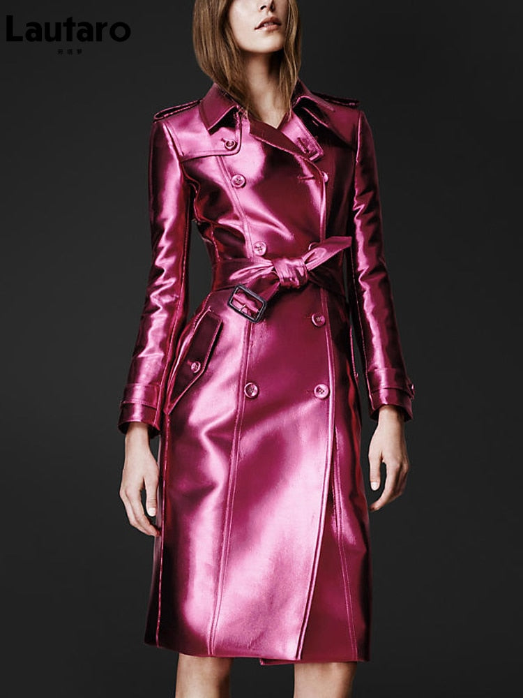 Spring Autumn Long Shiny Reflective Patent Leather Trench Coat for Women Belt Double Breasted Cool European Fashion