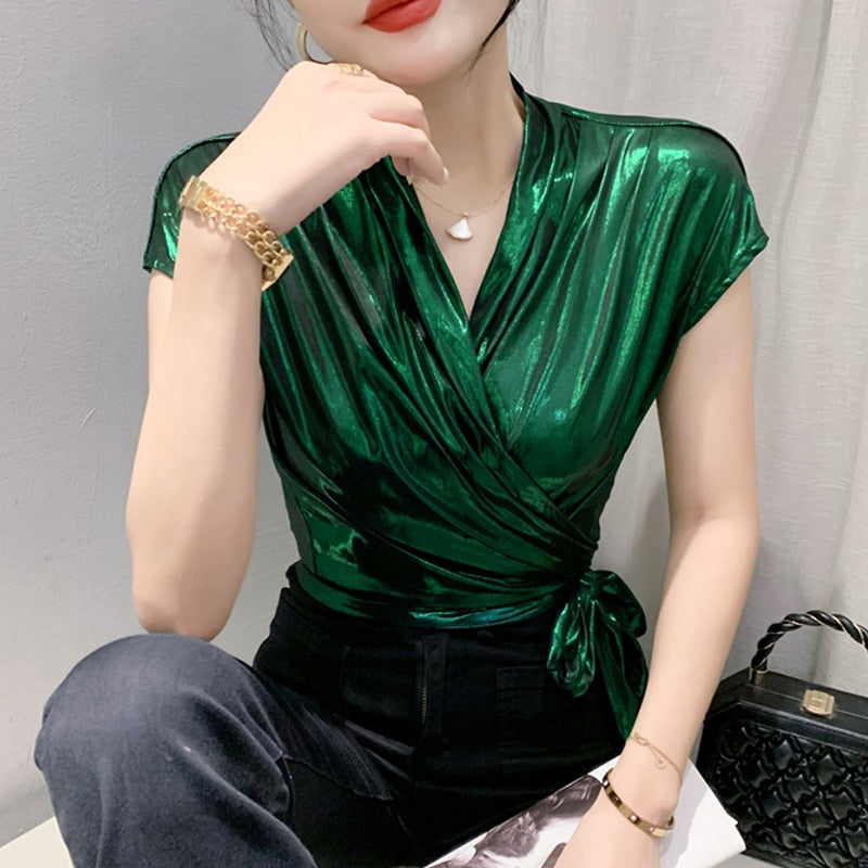 Gold Silver Green Shinny Sleeveless T Shirt Women Sexy Streetwear Sexy Irregular Short Wrap T-shirt Female Summer