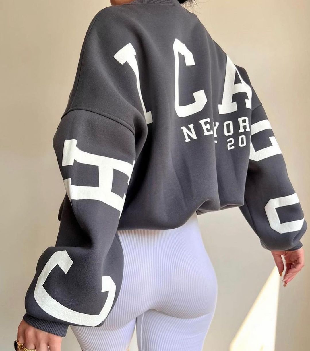 Women Casual Sweatshirts Fashion Letters Print O Neck Long Sleeve Pullovers Tops Vintage Loose Autumn Y2k Hoodies Streetwear Grey