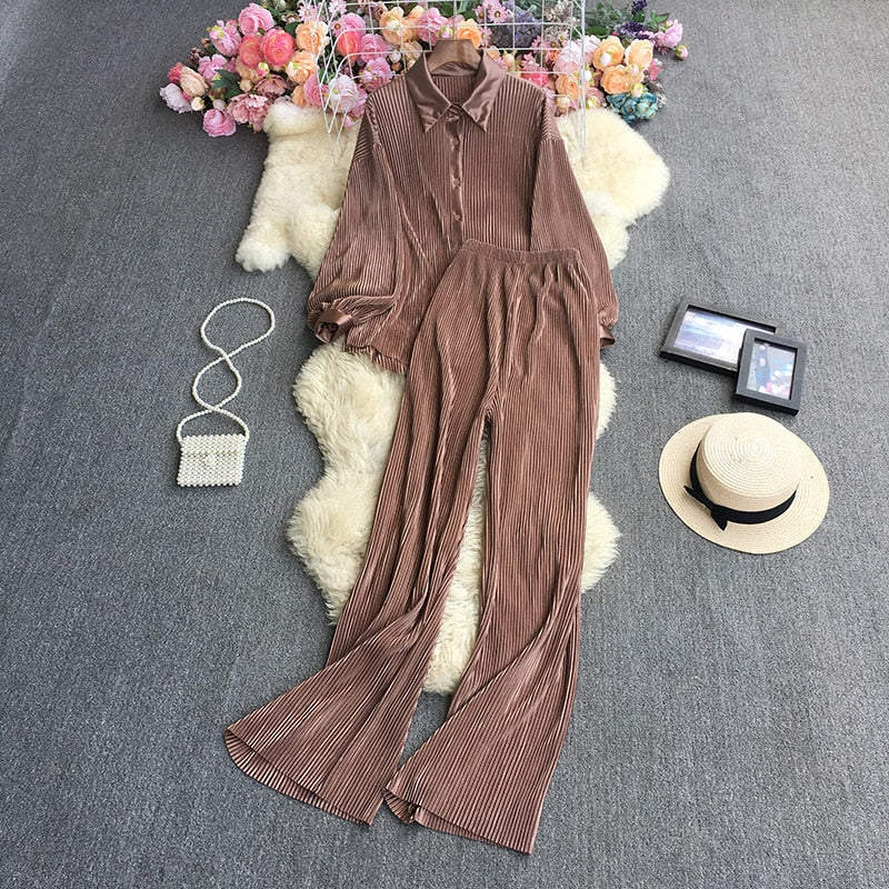 Casual Women Elegant Pleated Two Piece Set Long Sleeve Shirt And Wide Leg Pant Suits Loose Office Lady Outfits Autumn