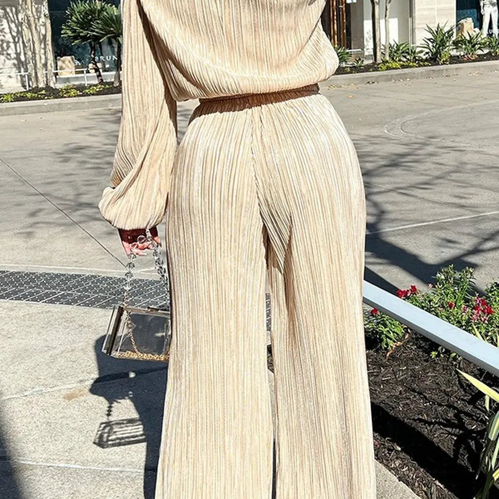 High Elasticity Two Piece Set for Women Long Sleeve O neck Tops Women's Tracksuit Female Casuals Home Loose Wide Leg Pant Sets