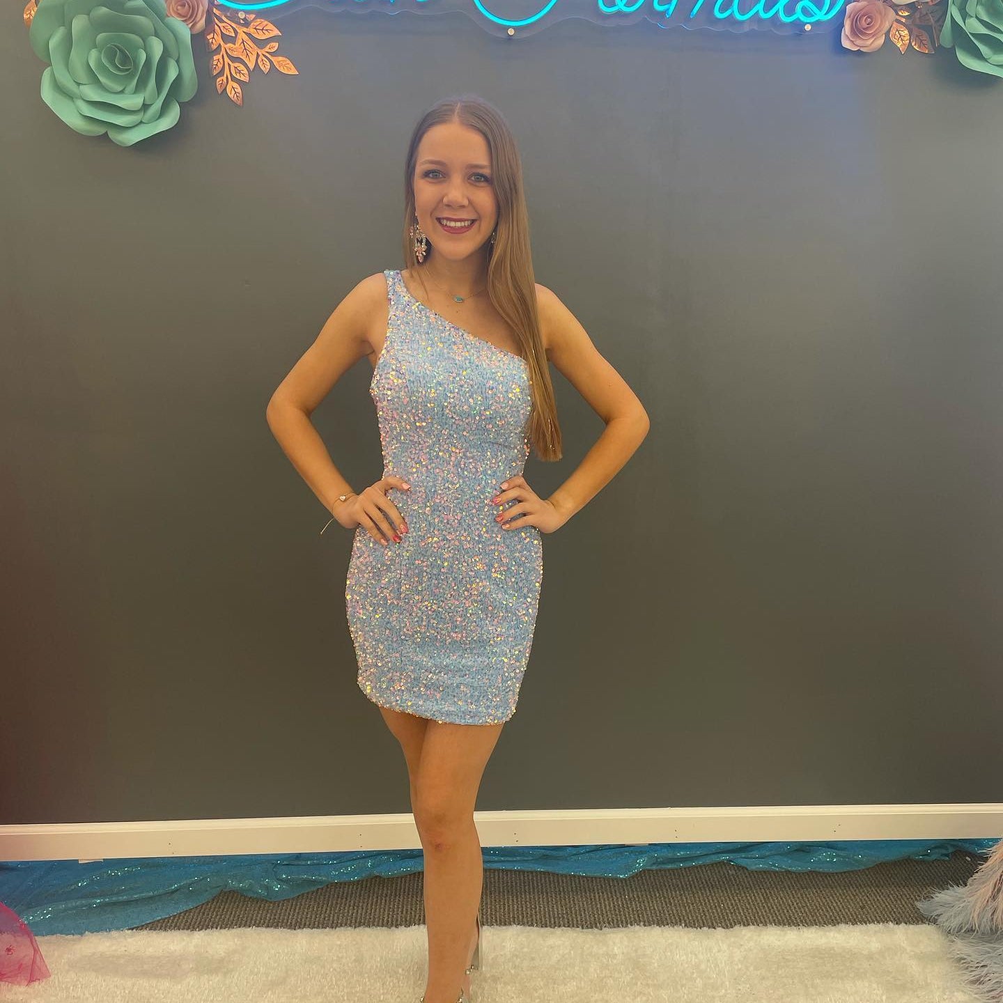 One-Shoulder Mini Cocktail NYE Dress Velvet Sequins Lady Formal Event Party Gown Sexy Club Night Graduation Hoco Gala Blue-One-Shoulder