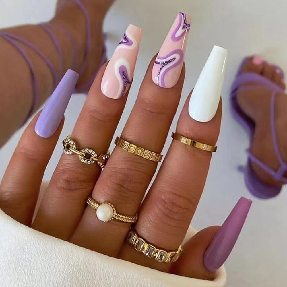French Ballet False Nails With Gold Foil Glitter Designs Wearable Long Coffin Ballerina Press On Fake Nails Full Cover Nail Tips