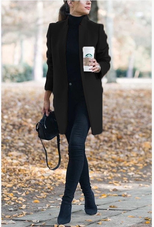 Autumn/Winter New European and American Fashion Solid Neck Woolen Coat Black