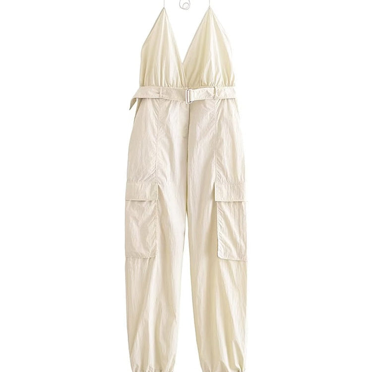 Summer Women Safari Style Jumpsuit With Belt New Female Solid Pocket Decoration Deep V-Neck Backless Camisloe Bodysuit