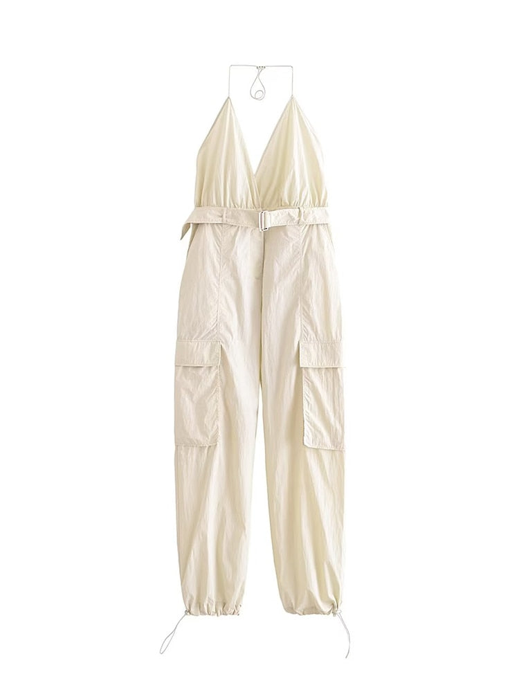 Summer Women Safari Style Jumpsuit With Belt New Female Solid Pocket Decoration Deep V-Neck Backless Camisloe Bodysuit