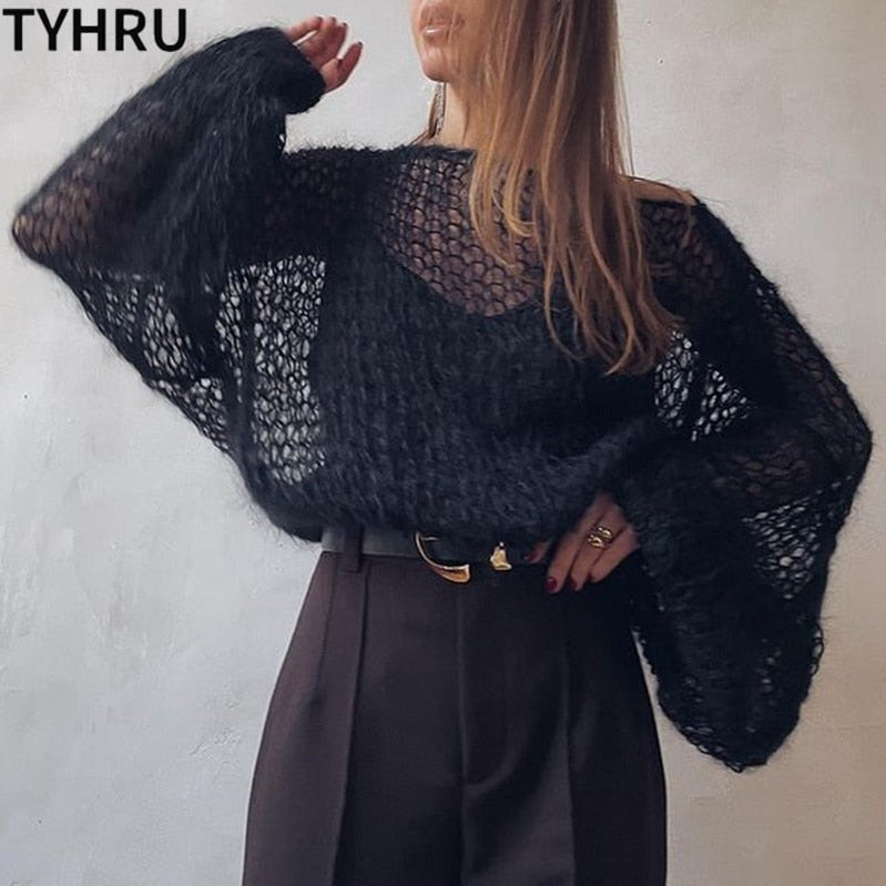 TYHRU Women's Knitted Sweaters Lady Hollow out Mesh Thin Pullover See Through Look Lantern Sleeve Loose Tops Smock Black
