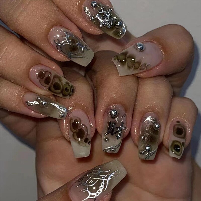 Blue Glitter Powder Waves Design Wearable Nail Art Glossy Fake Nails Short Ballet Finished False Nails Press on Nails with Glue