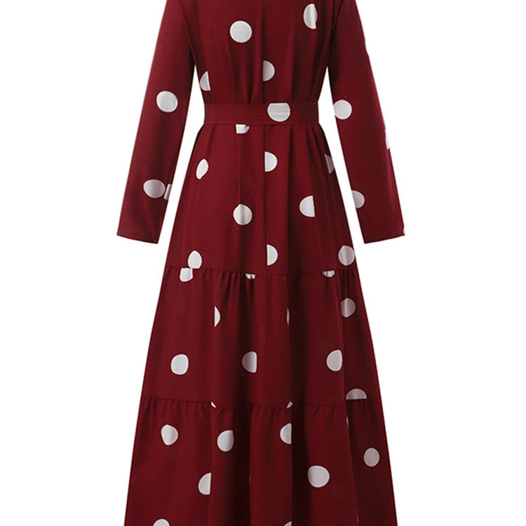 ZANZEA Women Spring Muslim Dress Elegant Casual Loose Abaya Kaftan Sundress Long Sleeved Polka Dots Printed O-Neck Maxi Robe