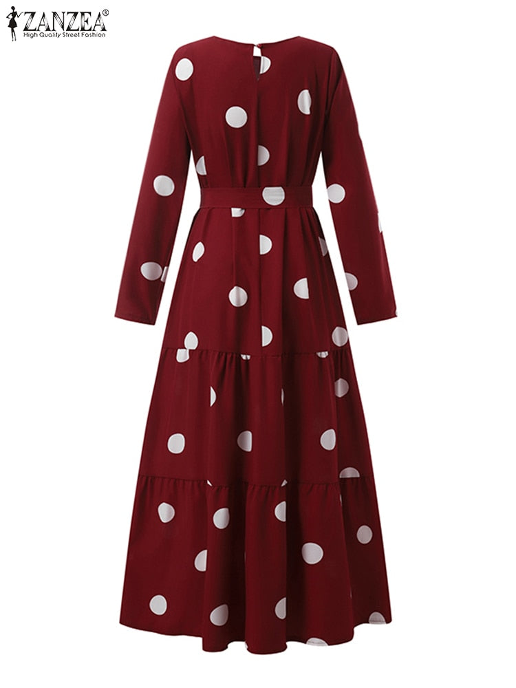 ZANZEA Women Spring Muslim Dress Elegant Casual Loose Abaya Kaftan Sundress Long Sleeved Polka Dots Printed O-Neck Maxi Robe