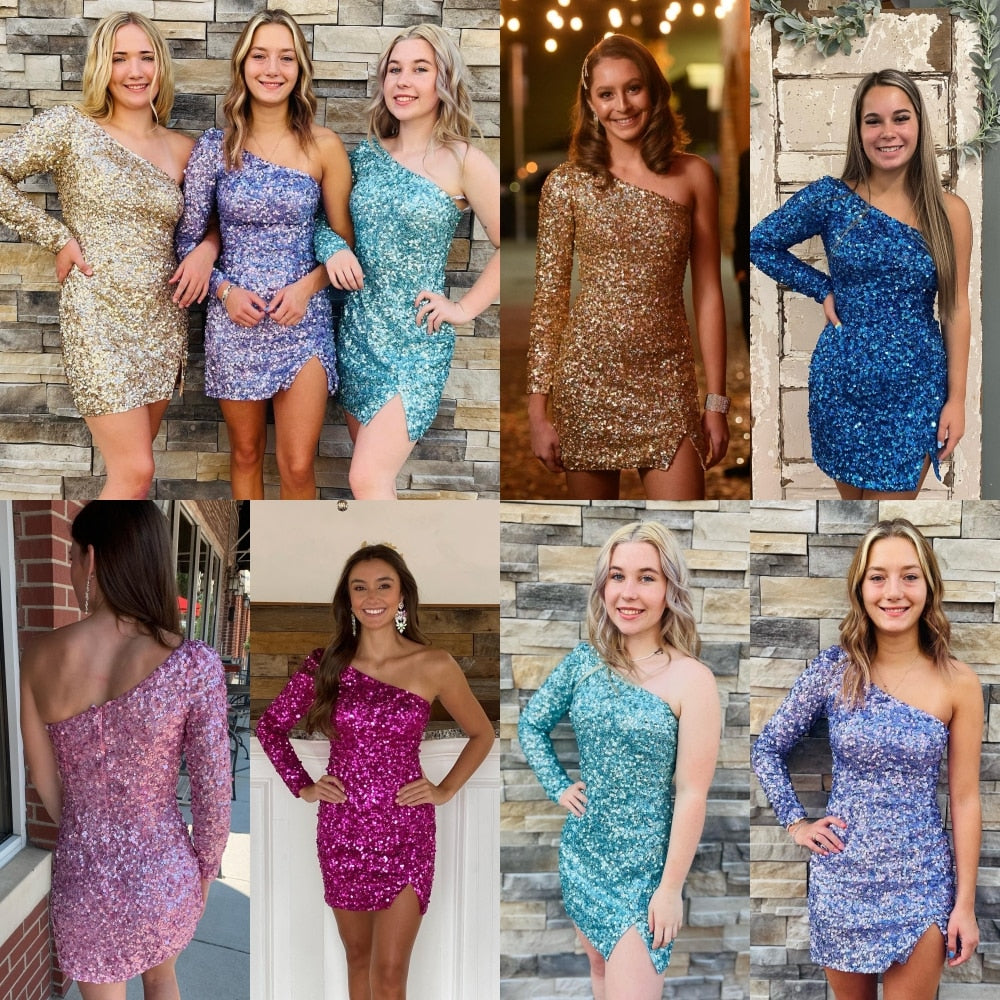 Pink Sequin Mini Cocktail NYE Dress Long Sleeve Lady Formal Event Homecoming Party Gown Club Night Hoco Gala One-Shoulder