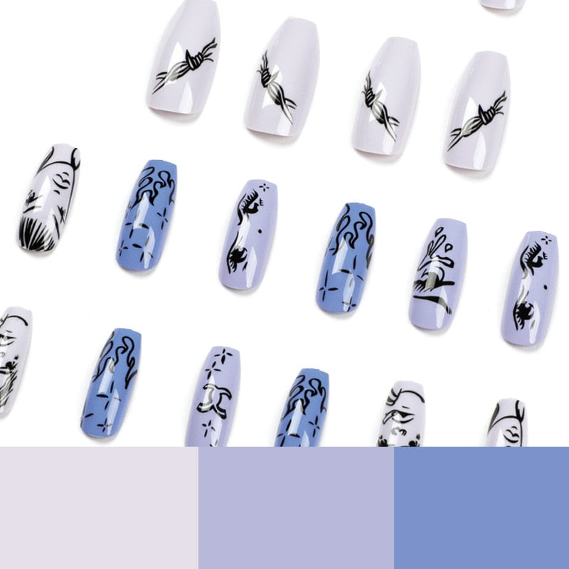 Black Comic Hand Drawn Pattern Wearable Nail Art Glossy Purple Long Ballet Detachable Finished False Nails Press on Nails