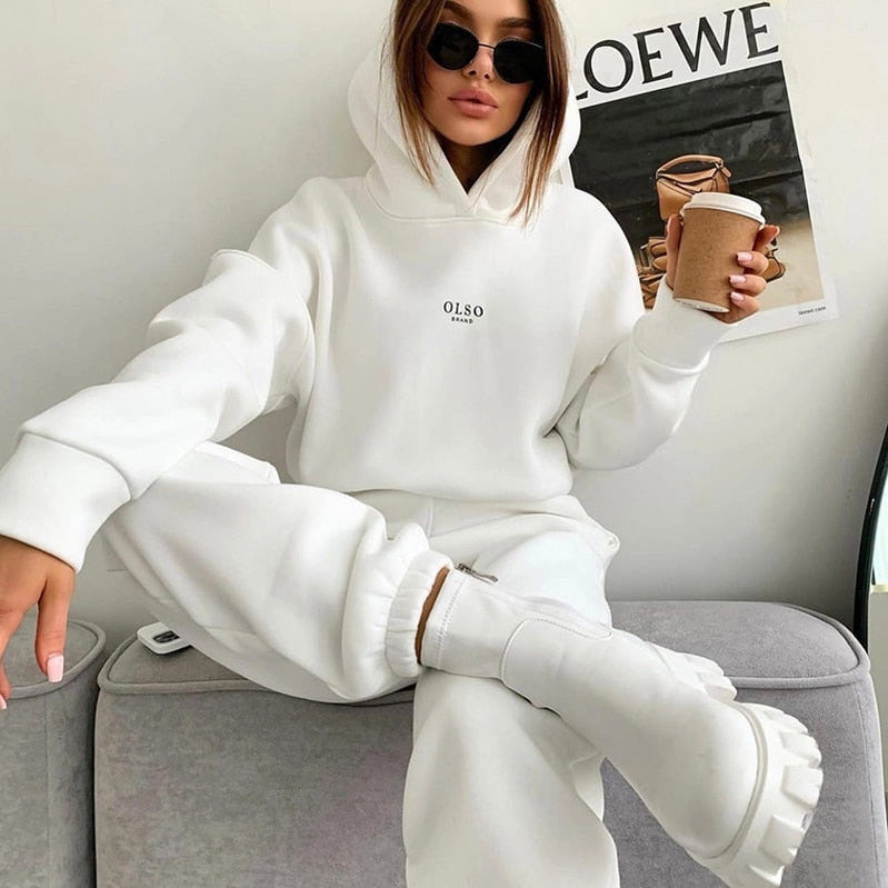 Women Tracksuit Autumn Winter Warm Hoodies Top Suits Casual Hooded Sweatshirts And Jogging Pants Outfits Sweatpants 2 Piece Sets White
