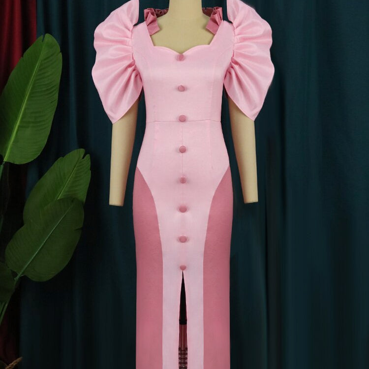 Party Sexy Pink Dresses Women High Slit Short Puff Sleeve Button Robes Celebrate Homecoming Event Outfits Summer Vestidos