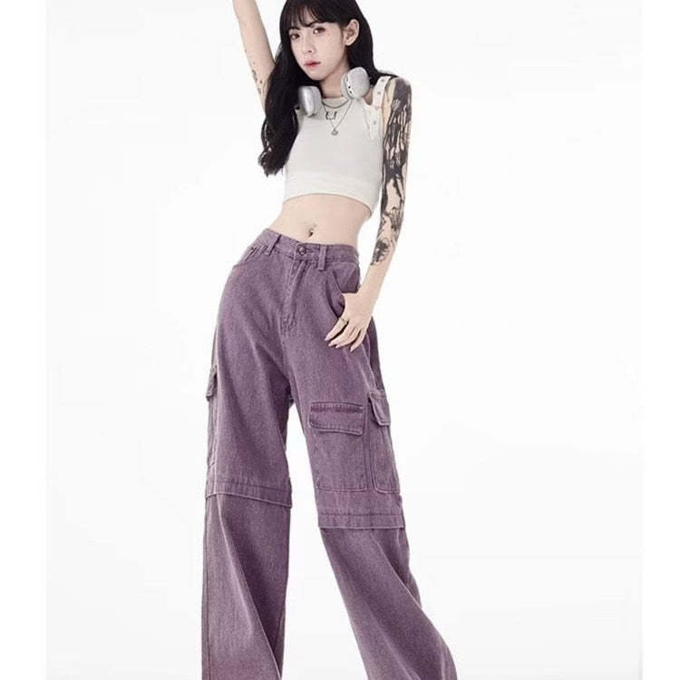 Vintage Purple Cargo Pants New Multi Pocket High Waist Casual Loose Drag Thin Wide Leg Pants Women's Jeans