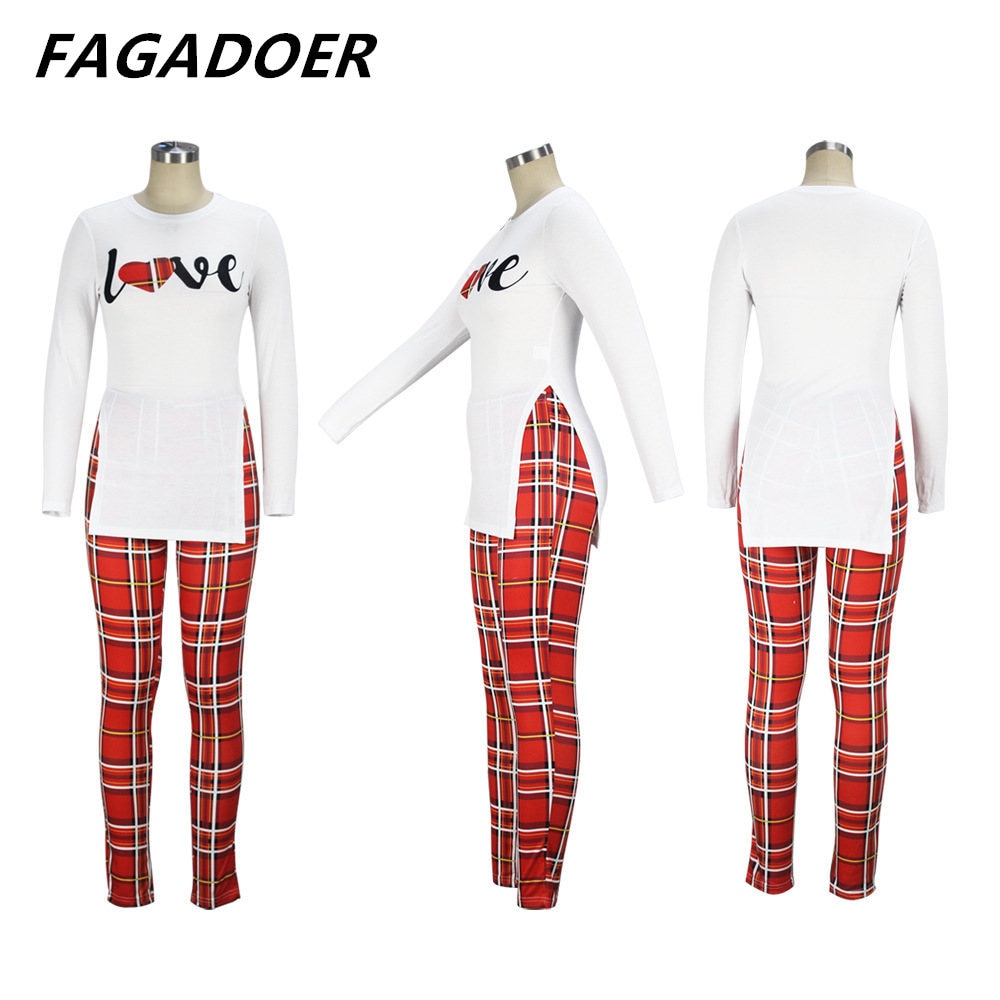 Fall Women Two Piece Sets Outfits Casual Print Side Slit Top And Skinny Pants Tracksuits Fashion Streetwear 2pcs Suits