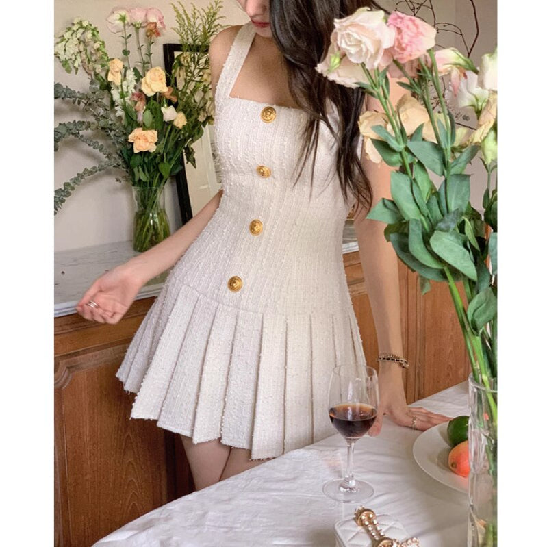 Womens Dresses Summer Gold Button Tweed Halterneck Strap Dress Korean Style A-line Elegant Party Evening Dress Mini Dress