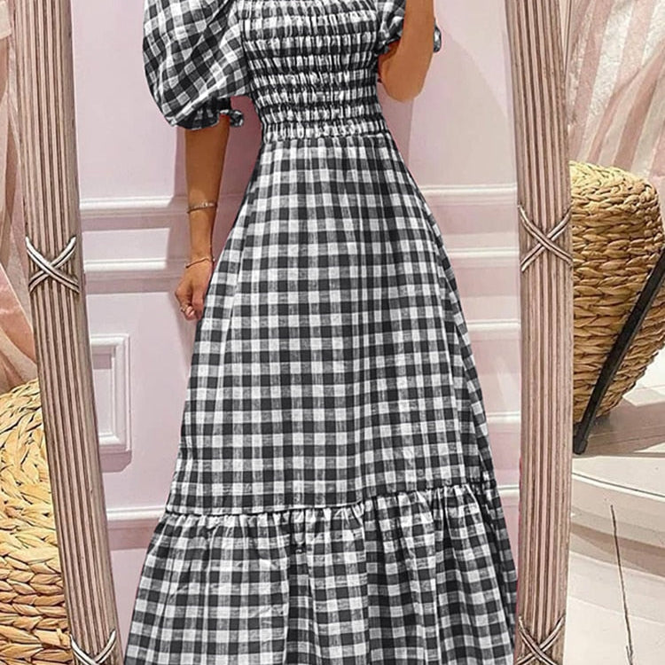 Summer Long Maxi Dress Women Casual Short Sleeve Square Collar Vintage Plaid Party Bohemian Vestidos Loose Sundress A-Black Spain