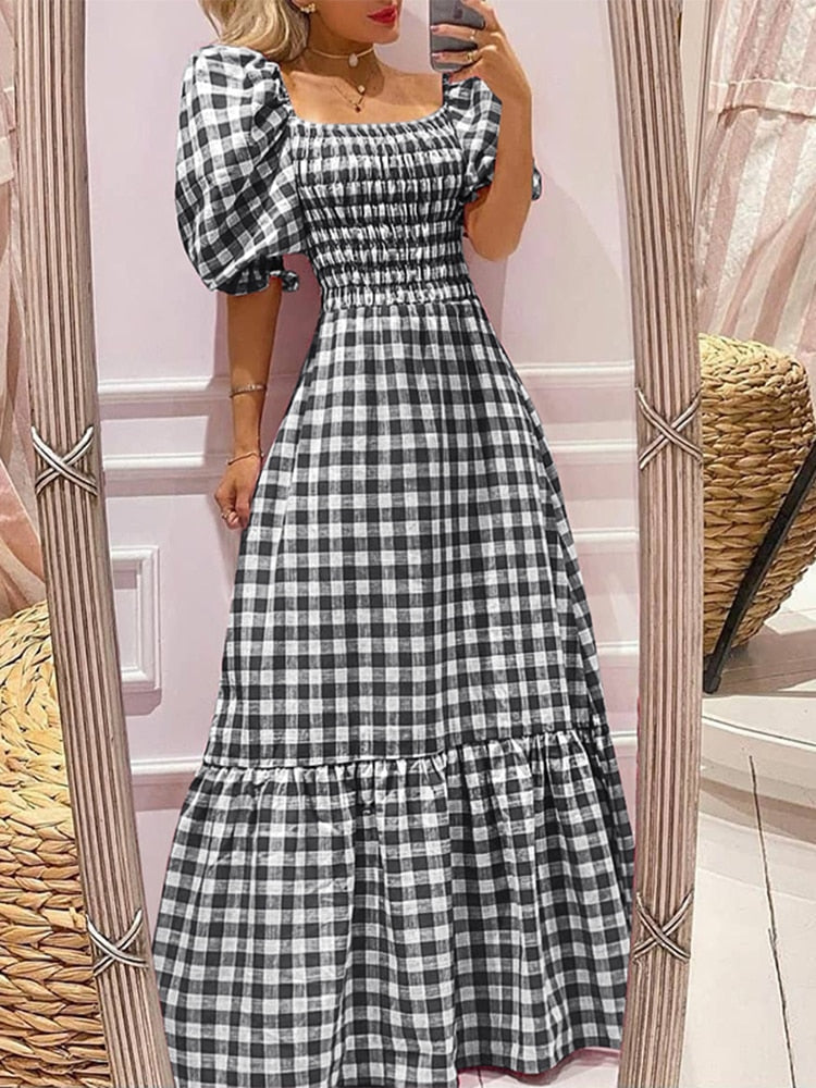 Summer Long Maxi Dress Women Casual Short Sleeve Square Collar Vintage Plaid Party Bohemian Vestidos Loose Sundress A-Black Spain