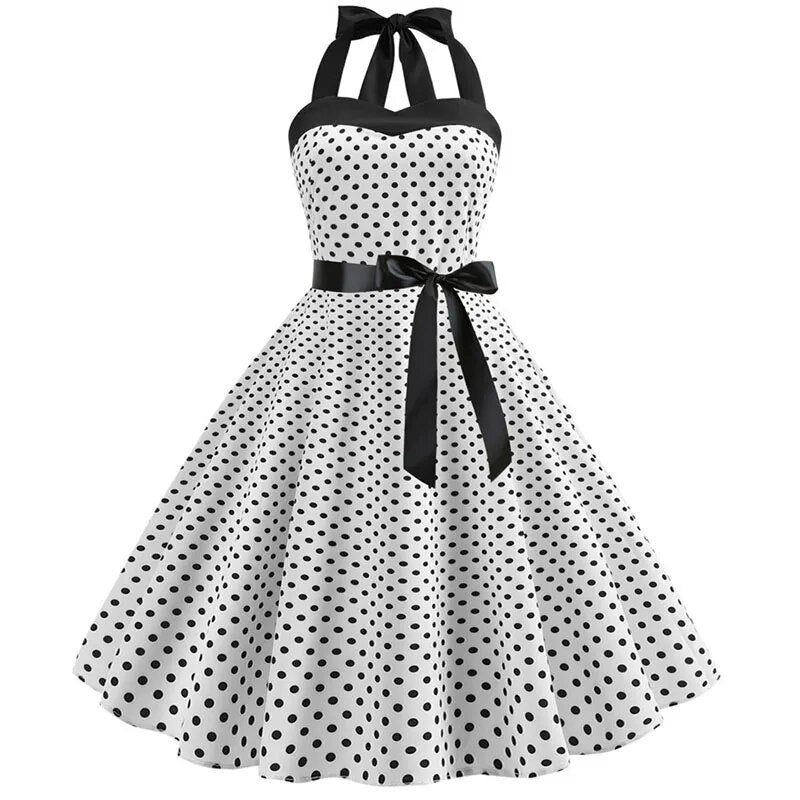 Polka Dot Dress Women Vintage Swing Halter Belt 50s 60s Rockabilly Prom Party Dresses Retro Feminino Vestidos 1014-WHITE