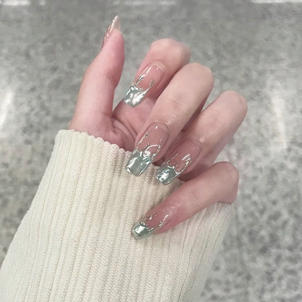 Gradient Fake Nails Press on Nail Diamond Cross Art Long Tips False Forms with Glue Stick Stickers Reusable Set