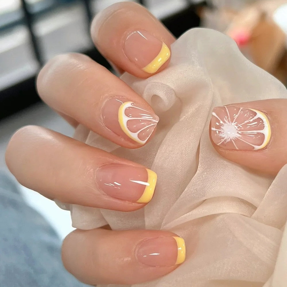 24pcs Lemon Short Wear Tips Nail False Patch Press on Nails Supplies for Professionals Artifical Fake Nails Faux Ongles Uñas
