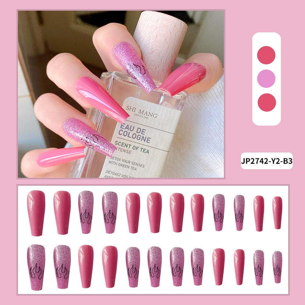 Sea Wave Carp Japanese Style Doodle False Nails Detachable Nude Pink Long Coffin Fake Nails with Glue Full Cover Press on Nails