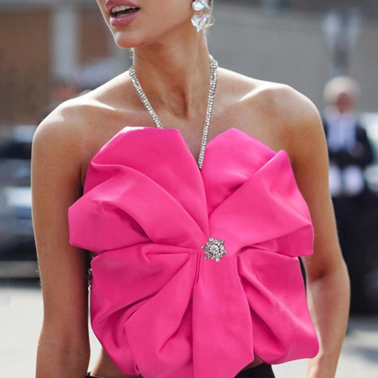 Women High Street Big Floral Design Halter Crop Tops 2023 Summer Chic Sleeveless Backless Tie Up Mini Vest Pink Flower