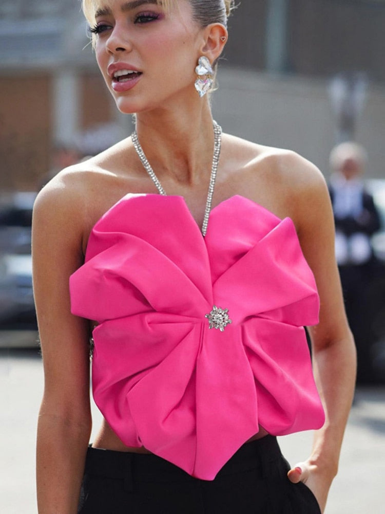 Women High Street Big Floral Design Halter Crop Tops 2023 Summer Chic Sleeveless Backless Tie Up Mini Vest Pink Flower