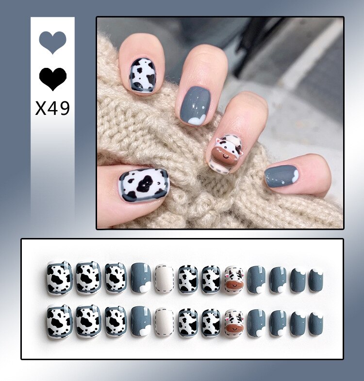 24PCS/Box Bowknot Rabbit Pattern Pearl Short Square Designer Fashion Design French Style Full Covering Pressed Fake Nails